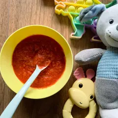 Pyszna zupa buraczkowa dla niemowlaka w żółtej miseczce, obok pluszowy piesek i gryzak.