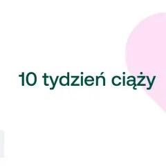 10 tydzień ciąży - tekst na białym tle z różowym sercem i ikonami.