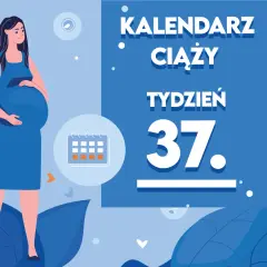 Kobieta w niebieskiej sukience, w 37 tygodniu ciąży, z kalendarzem.