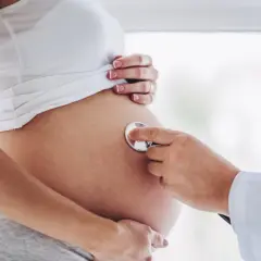 Lekarz osłuchuje brzuch kobiety w 24 tygodniu ciąży. Słychać bicie serca dziecka.