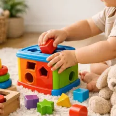 Rączki 14-miesięcznego dziecka bawią się sorterem kształtów i innymi zabawkami. Radość z odkrywania świata przez malucha.