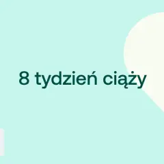 Grafika z napisem "8 tydzień ciąży" i ikonami D+ oraz kobiety w ciąży.