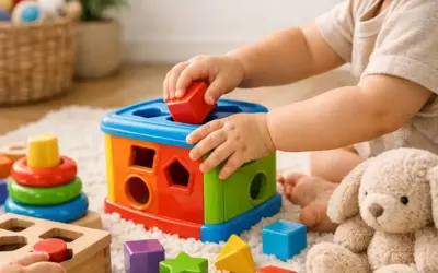 Rączki 14-miesięcznego dziecka bawią się sorterem kształtów i innymi zabawkami. Radość z odkrywania świata przez malucha.