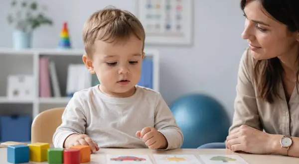 Dwulatek nie pokazuje palcem, ale z uwagą przygląda się kartom z obrazkami. Obok siedzi kobieta.