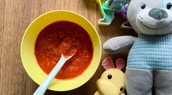 Pyszna zupa buraczkowa dla niemowlaka w żółtej miseczce, obok pluszowy piesek i gryzak.
