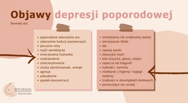 Objawy depresji poporodowej: zaburzenia snu, poczucie winy, lęk, napady paniki, trudności w obowiązkach domowych.