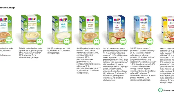 Różnorodne kaszki HiPP do mleka modyfikowanego: owsiana, jaglana, ryżowa, 5 zbóż, jabłkowo-owsiana, owocowo-jogurtowa i müsli.