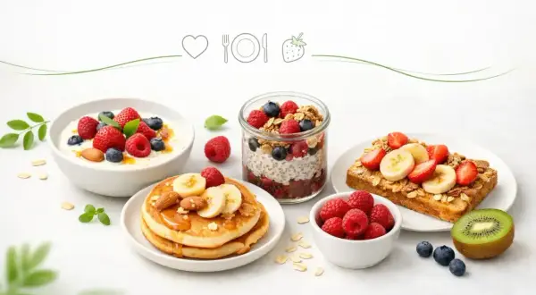 Szybkie śniadanie na ciepło dla dziecka: placuszki z bananem i miodem, jogurt z owocami, chia pudding i tosty z owocami.