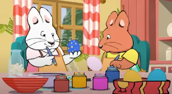 Max i Ruby malują pisanki, jak od kiedy bajki dla dzieci pokazują ich wielkanocne tradycje.