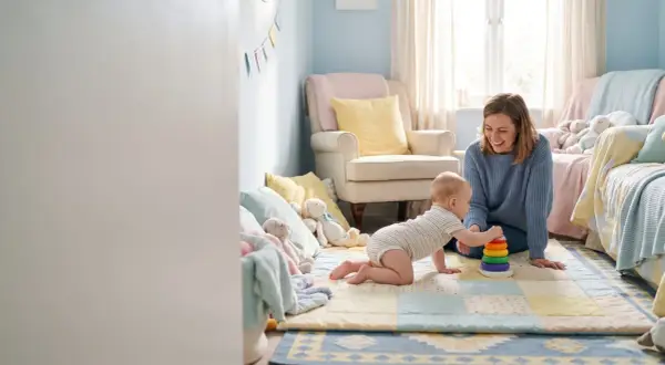 Uśmiechnięta mama patrzy, jak niemowlę odpycha się do tyłu na plecach, bawiąc się kolorową zabawką na dywanie w pokoju dziecięcym.
