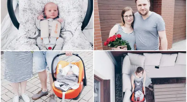 Szczęśliwy wyjście ze szpitala z noworodkiem. Rodzice z bukietem róż i maleństwem w foteliku samochodowym.