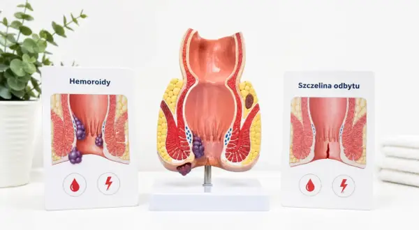 Model anatomiczny odbytu z hemoroidami i szczeliną. Ból odbytu w ciąży to częsty problem.