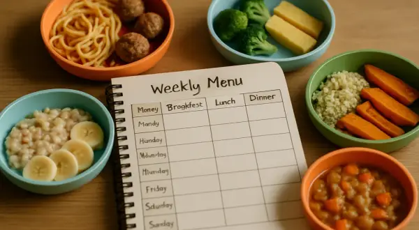 Zdrowe posiłki dla 11-miesięcznego dziecka: kaszka z bananem, klopsiki ze spaghetti, warzywa i owoce. Planowanie posiłków ułatwia dbanie o dietę malucha.