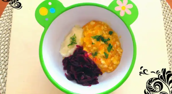 Pyszna potrawka z kurczaka dla niemowlaka z puree ziemniaczanym i buraczkami w miseczce w kształcie żabki.