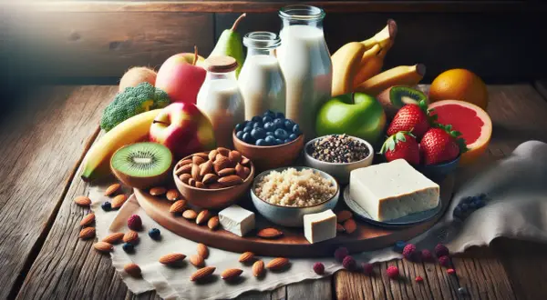 Zdrowe produkty: mleko, owoce, orzechy, nasiona i ser. Idealne składniki na dieta na laktację.
