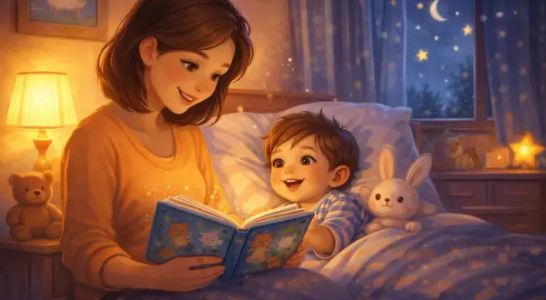 Mama czyta bajki dla 3 latka przed snem. W pokoju panuje magiczna atmosfera, a za oknem widać nocne niebo.