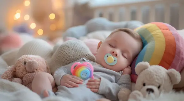 Słodki maluch śpi otoczony miękkimi przytulankami, jak pluszowy miś i króliczek. Idealne zabawki dla noworodka, które zapewnią mu komfort i bezpieczeństwo.