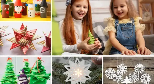 Kolorowe ozdoby choinkowe diy dla dzieci: papierowe gwiazdki, bałwanki, choinki i śnieżynki.