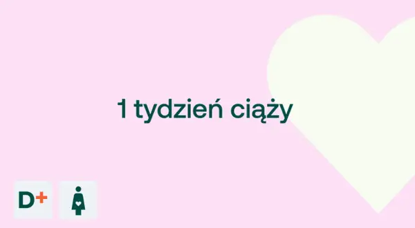 1 tydzień ciąży. Delikatny różowy tle z sercem. Ikony D+ i kobiety w ciąży.
