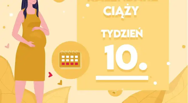 Kobieta w 10 tygodniu ciąży, z widocznym brzuszkiem, czuje się dobrze. Kalendarz ciąży wskazuje 10. tydzień.