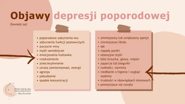 Objawy depresji poporodowej: zaburzenia snu, poczucie winy, lęk, napady paniki, trudności w obowiązkach domowych.